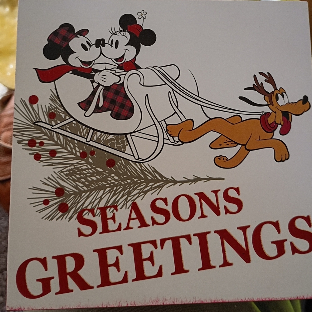 Disney, Mickey Mouse Santa Sleigh Wall Sign, Seasons Greetings, EUC, 5x5